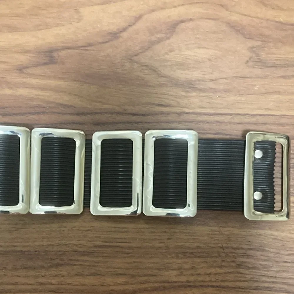 Thick Belt Made From Striated Black Rubber &  Silver Tone Metal Rectangles.